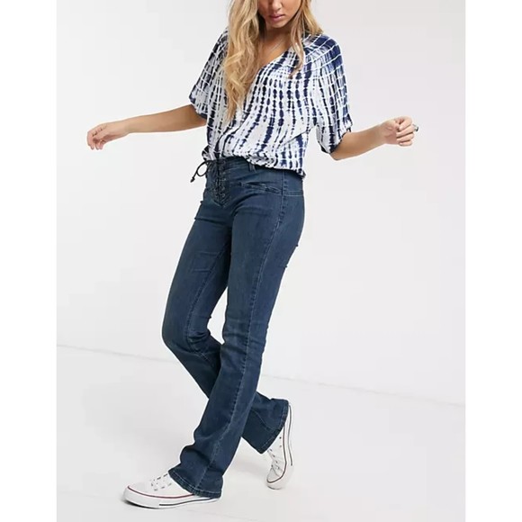 Free People NWT Eva Lace Up Bootcut Mid Rise Denim Jeans Baltic Blue 28 New - Picture 9 of 9